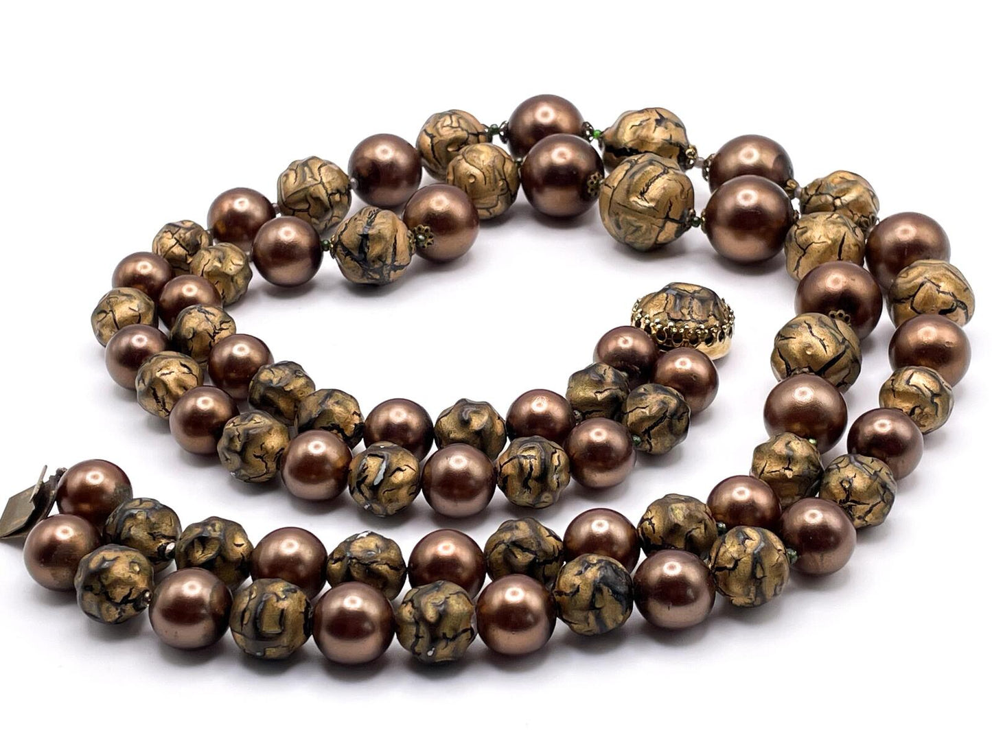 Bronze Tone Double-Strand Faux Pearl and Bead Necklace
