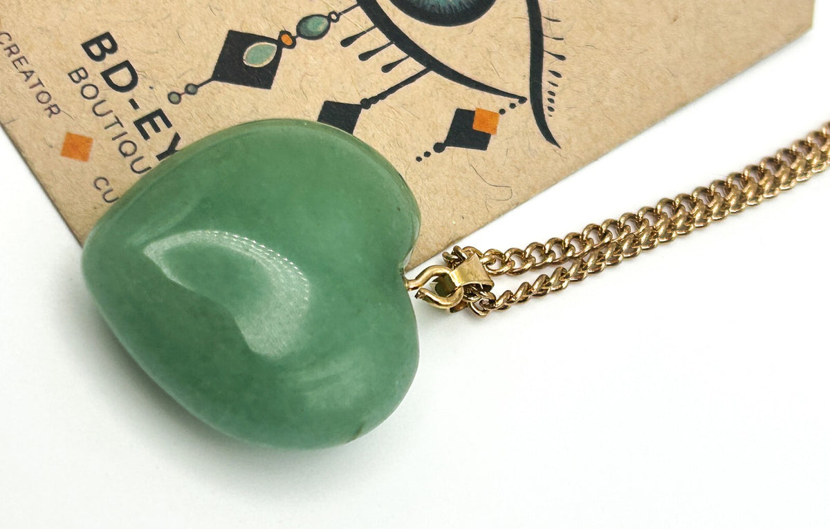 Jade Heart Pendant Gold Tone Necklace Semi Precious Gemstone 20"