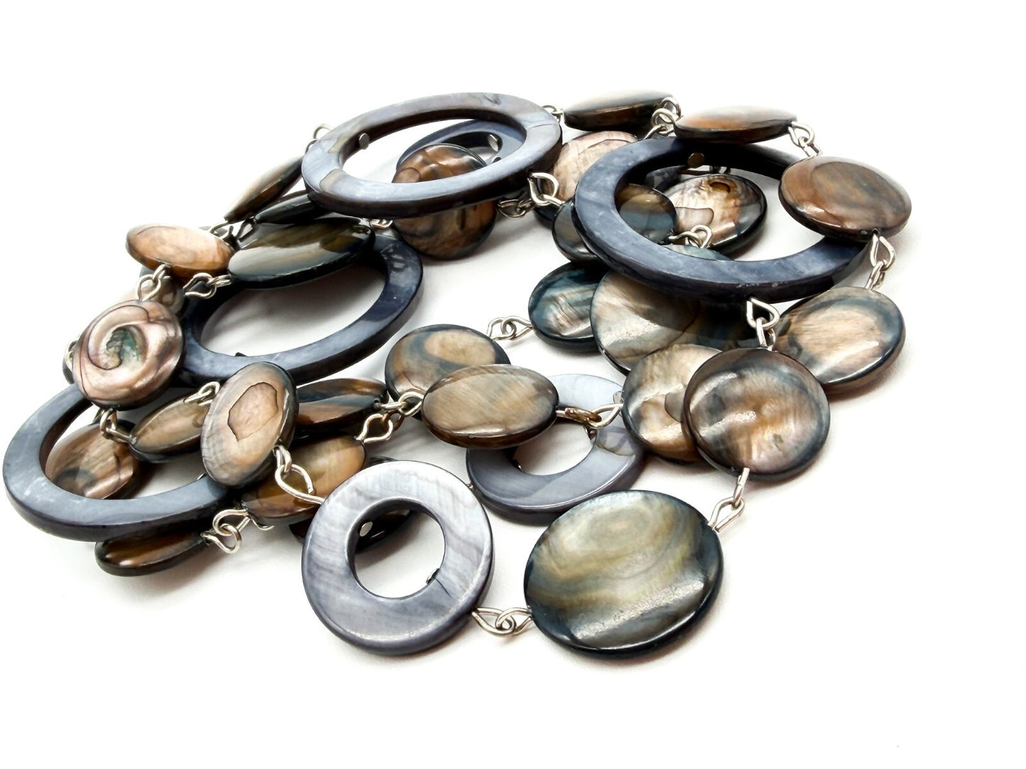 Long Shell Disc Hoop Long Necklace Grey Brown Iridescent Statement Unsigned M&S