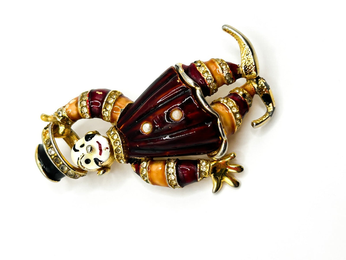 Vintage Enamel Jester Clown Brooch Rhinestone Figural Gold Tone 5.5cm
