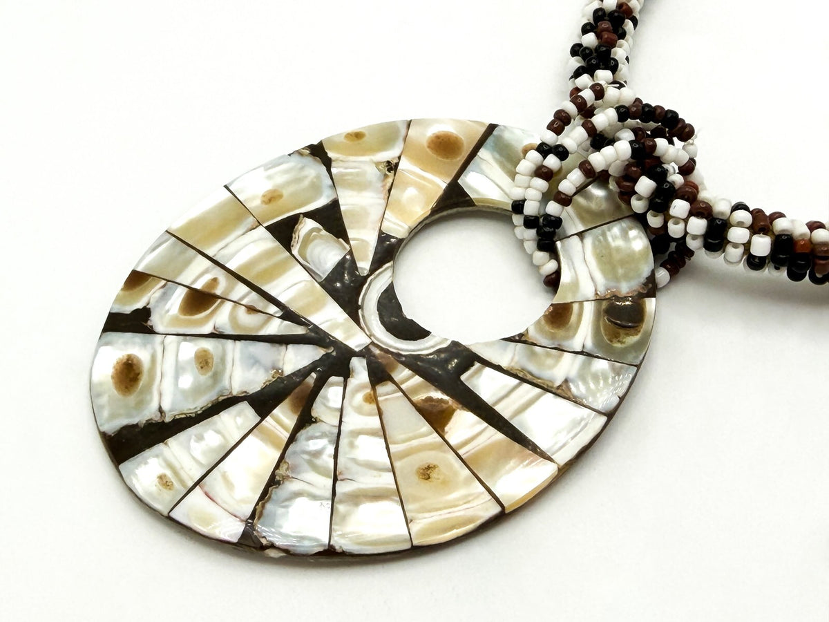 Five Strand Brown, White & Black Seed Bead Necklace with Shell Inlay Donut Penda