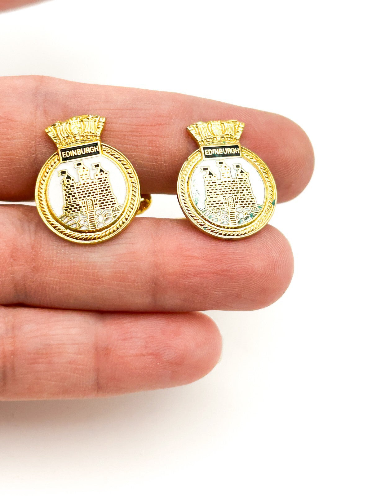 Vintage HMS Edinburgh Gold Tone Enamel Cufflinks and Tie Pin Set Military
