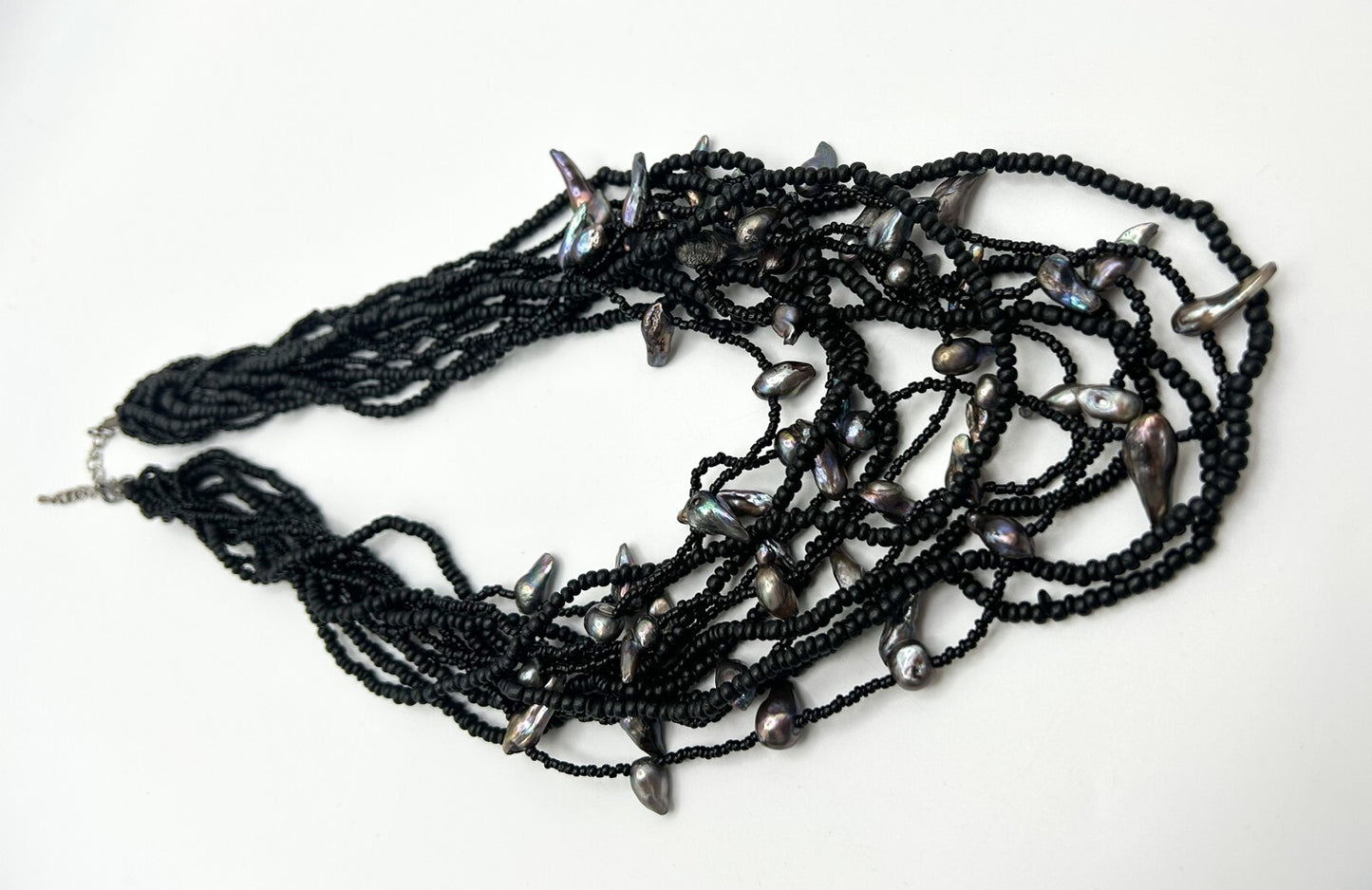 12-Strand Black Glass and Wood Seed Bead Freshwater Baroque Pearl Necklace
