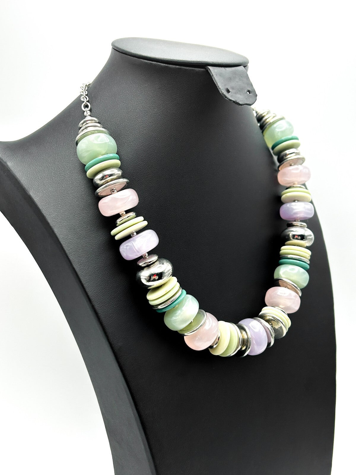 Vintage 90s-Y2K M&S Pastel Disc Bead Necklace with Silver Tone Spacers