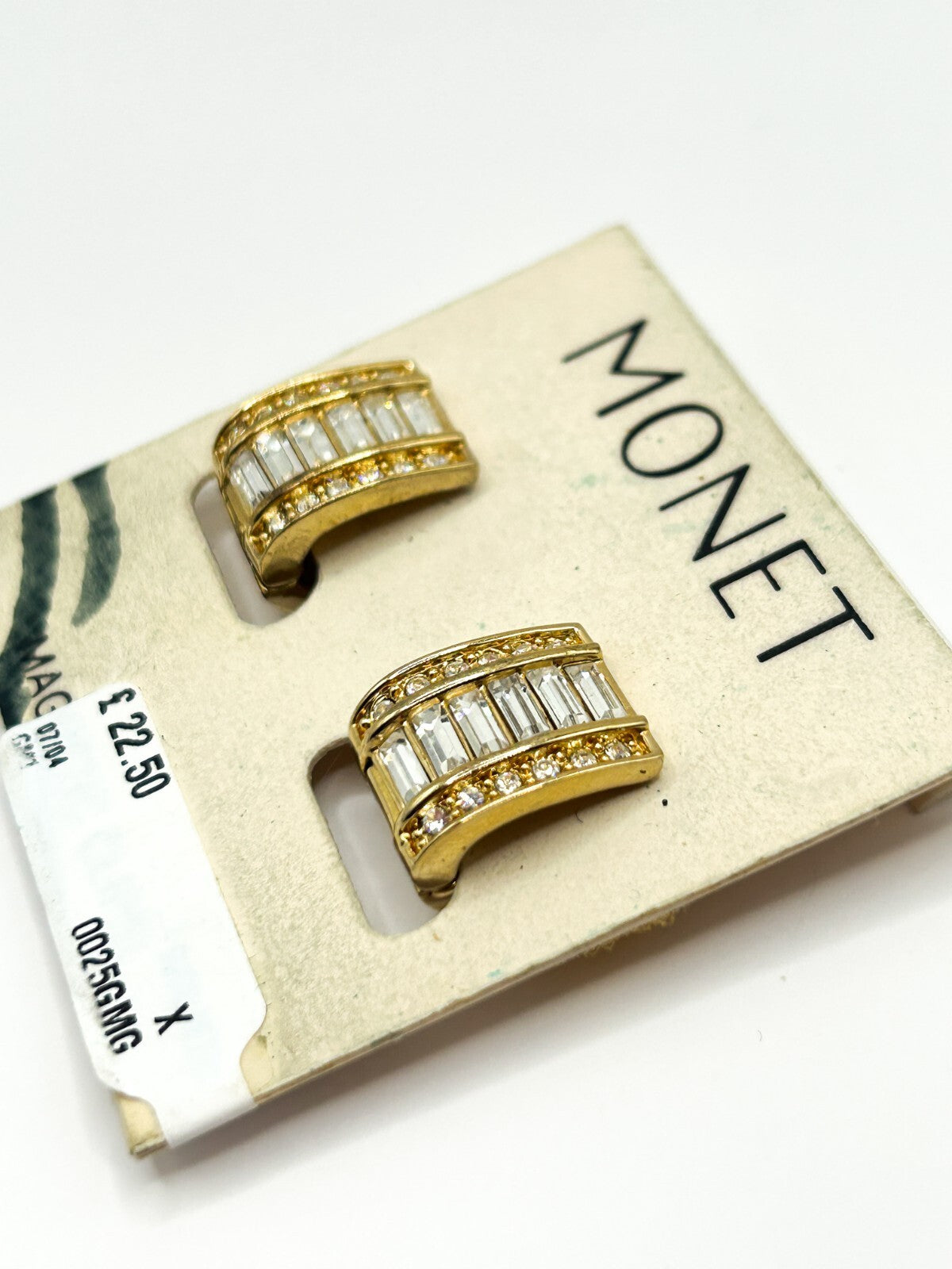 Vintage Monet Gold Tone Baguette Rhinestone Magnetic Earrings Original Card