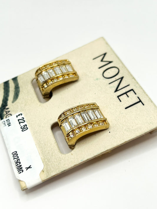 Vintage Monet Gold Tone Baguette Rhinestone Magnetic Earrings Original Card
