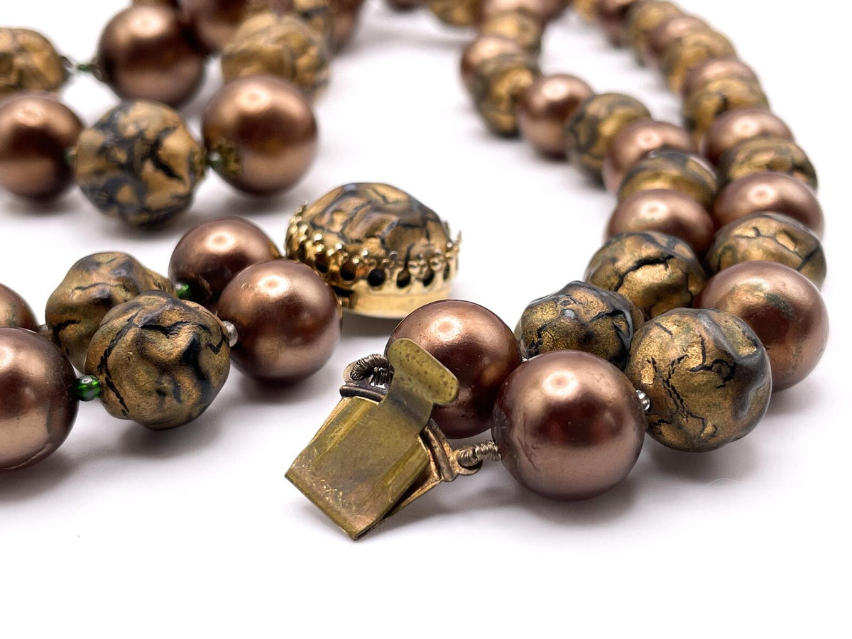 Bronze Tone Double-Strand Faux Pearl and Bead Necklace