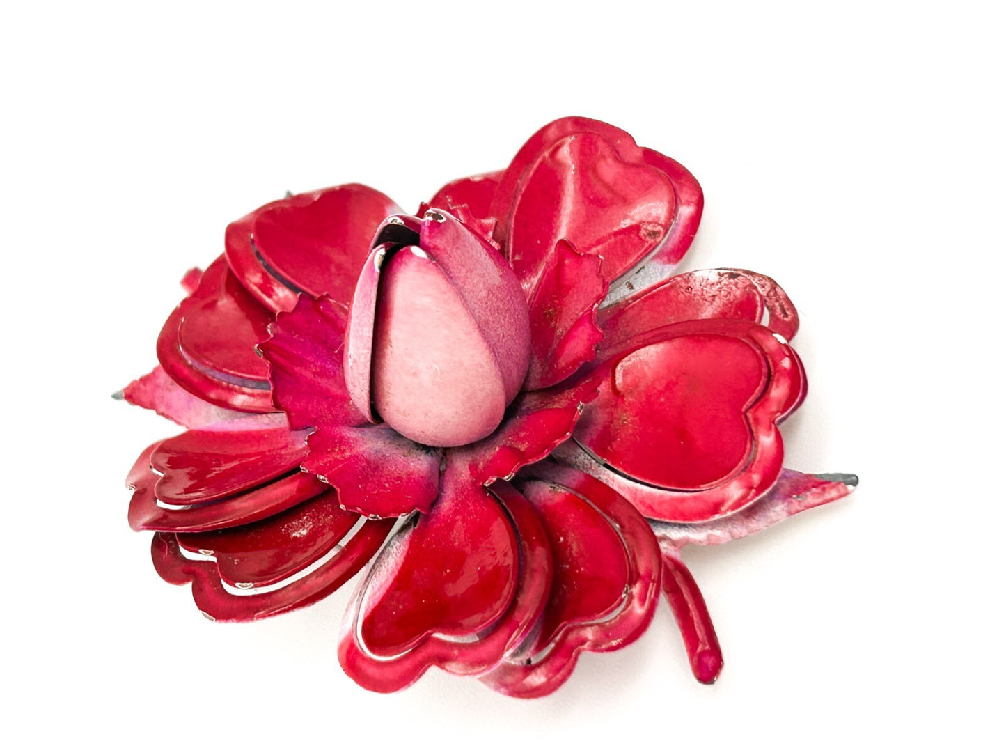 Vintage Style Hot Fuchsia Pink Flower Brooch Layered Enamel Statement Pin