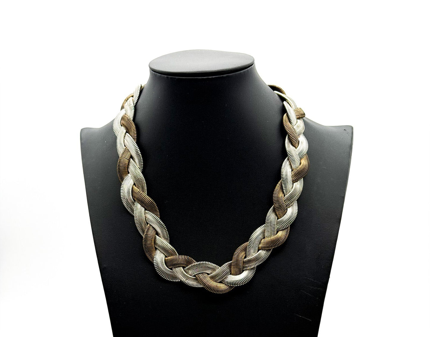 M&S Statement Necklace Mixed Metal Braided Snake Chain Wide Collar 18” Retro