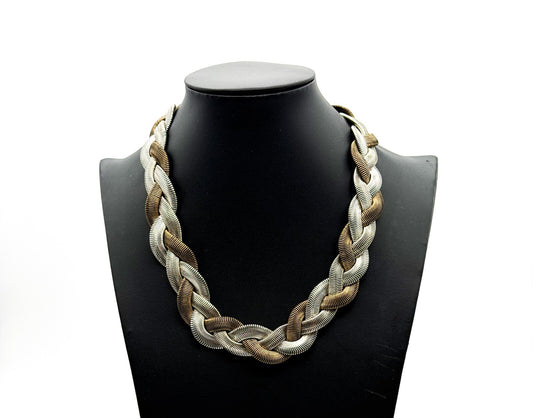 M&S Statement Necklace Mixed Metal Braided Snake Chain Wide Collar 18” Retro