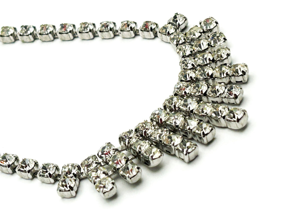 Vintage Rhinestone Fringe Necklace Silver Tone Waterfall Drop Bridal Sparkle