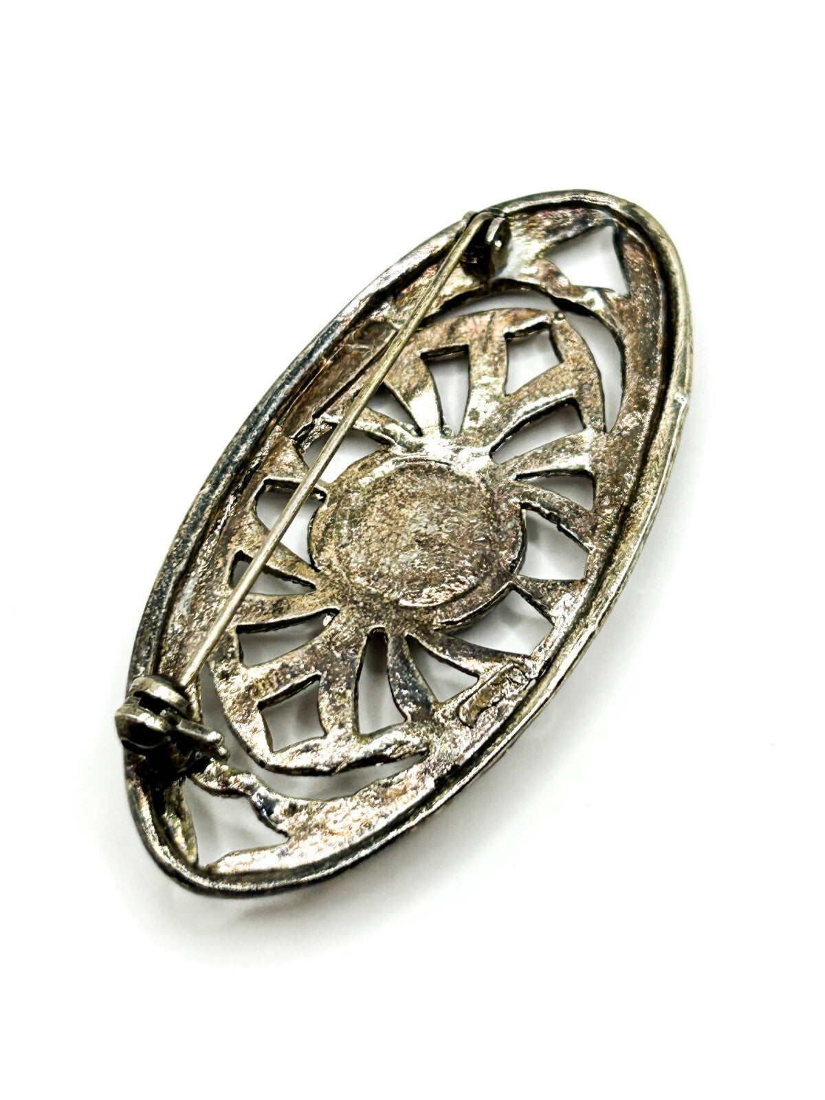 Vintage Art Deco Style Black Cabochon Brooch Silver Tone Openwork Oval