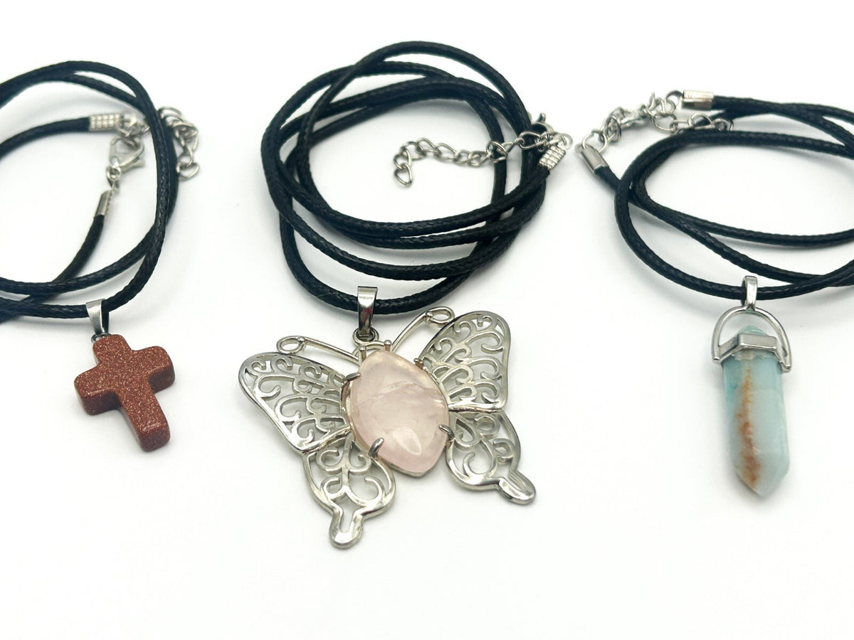 Gemstone Pendant Necklace Bundle – Goldstone Cross, Rose Quartz Butterfly & Aqua