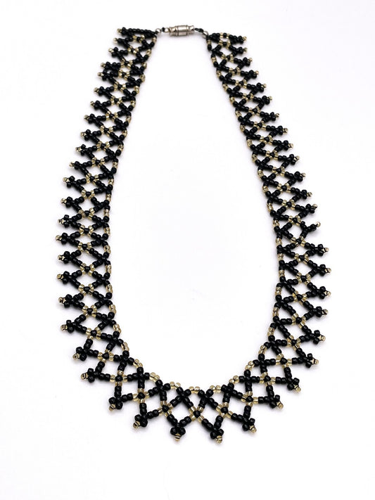 Black & Gold Seed Bead Collar Necklace Gothic Woven Dainty Handmade Artisan
