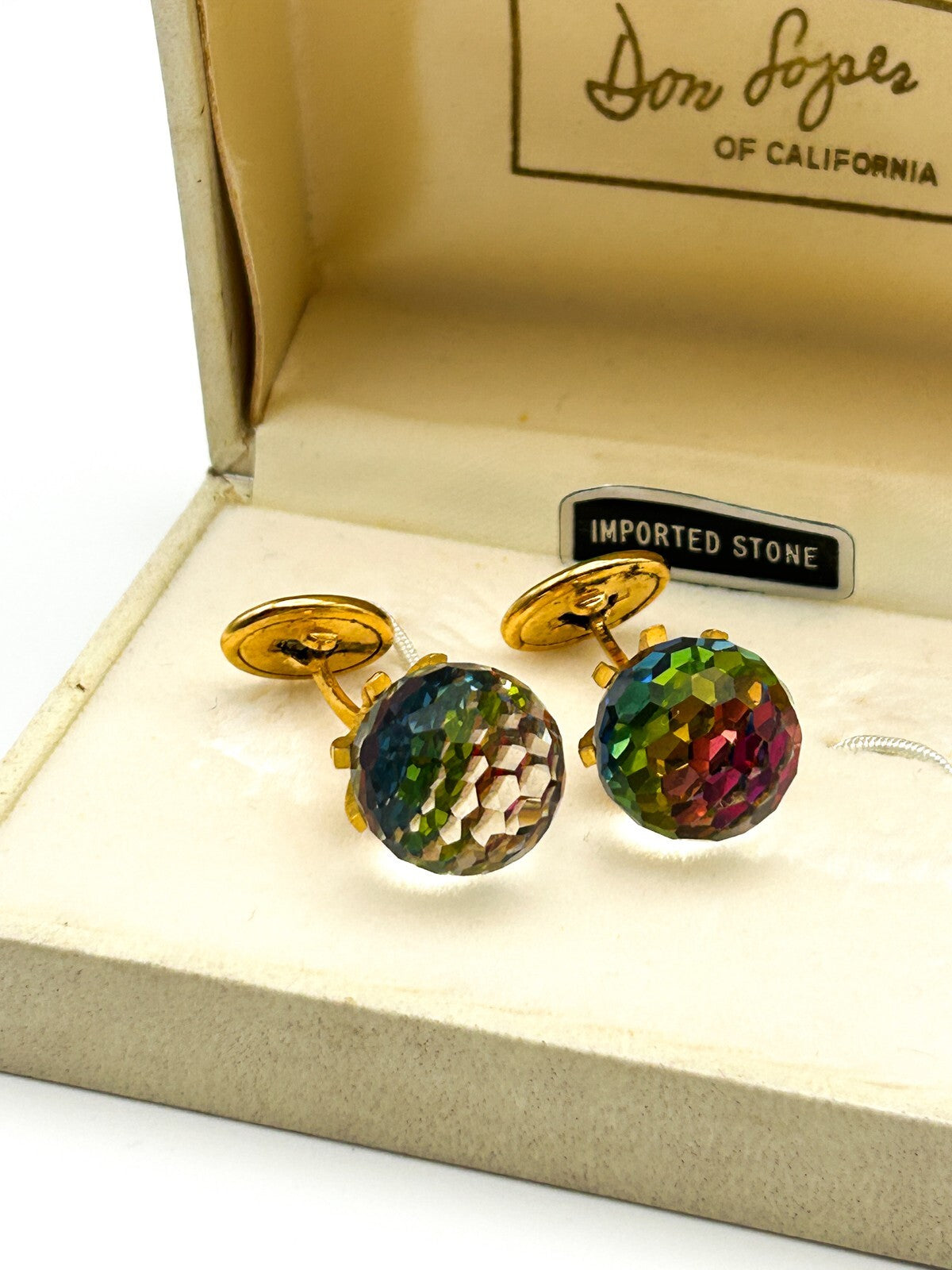 Don Loper Rock Crystal Cufflinks Gold Tone Iridescent Colour Shift Vintage Boxed