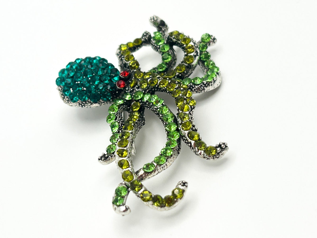 Vintage Rhinestone Octopus Brooch – Green & Teal Crystal Statement Pin