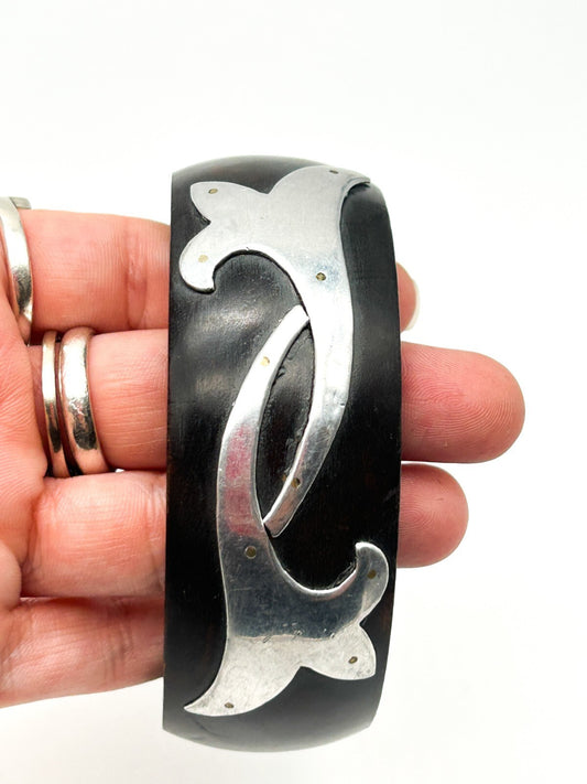 Chunky Dark Wood Bracelet 925 Sterling Silver Tribal Design Overlay Bangle Boho