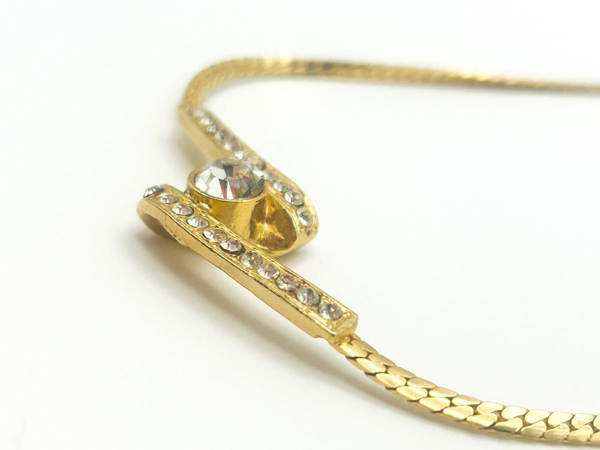 Vintage Gold Tone Zigzag Rhinestone Ribbon Swirl Necklace Dainty 80s