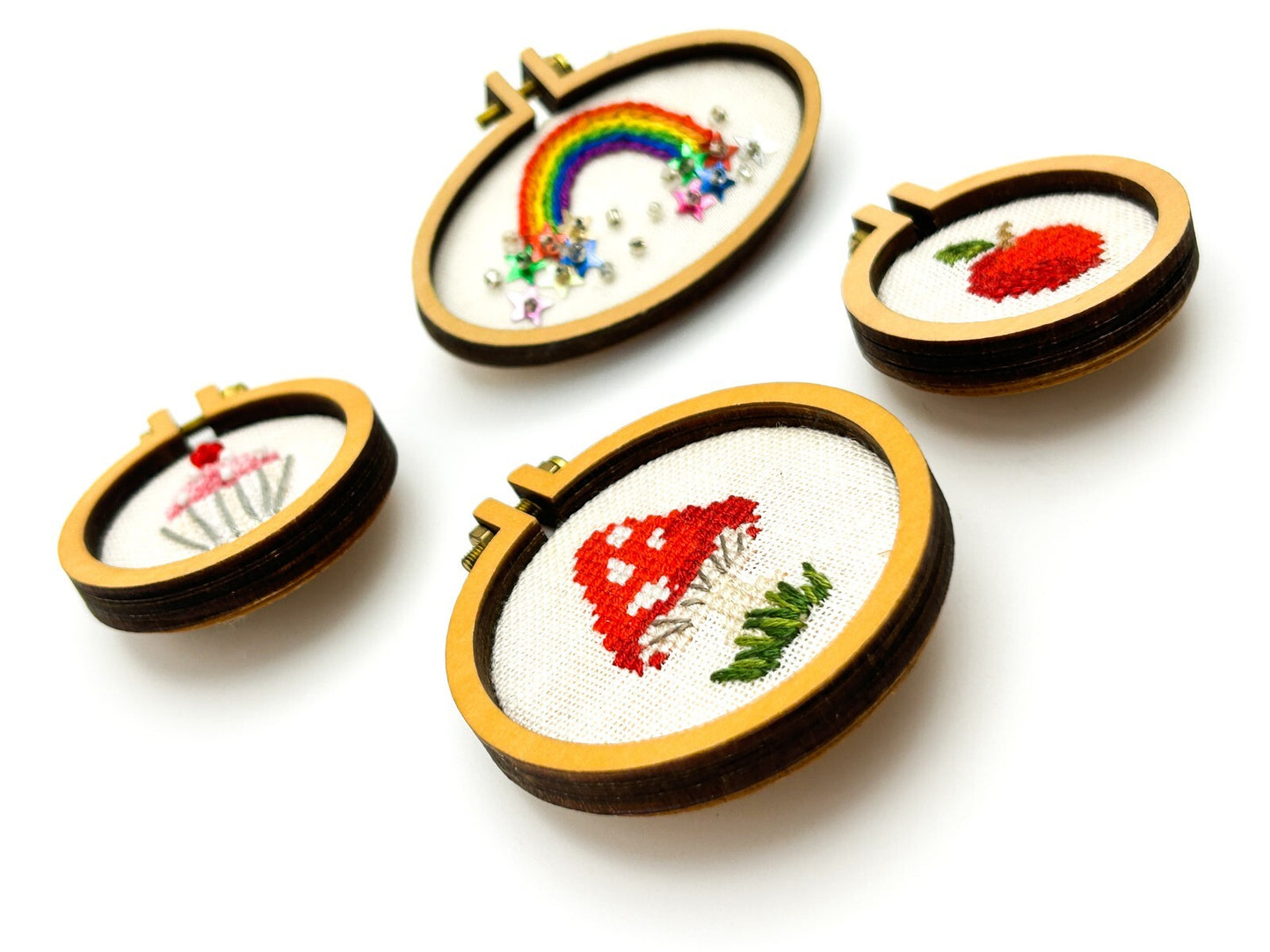 Signed Artisan Needles & Sparkles Handmade Embroidered Brooch Bundle (Set of 4)
