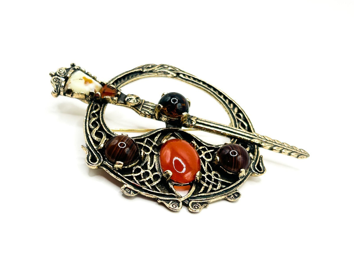 Miracle Celtic Brooch Vintage Faux Carnelian Agate Glass Penannular Cloak Pin