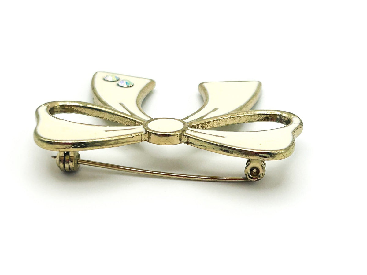 Vintage 1980s Gold Tone & Cream Enamel Bow Brooch