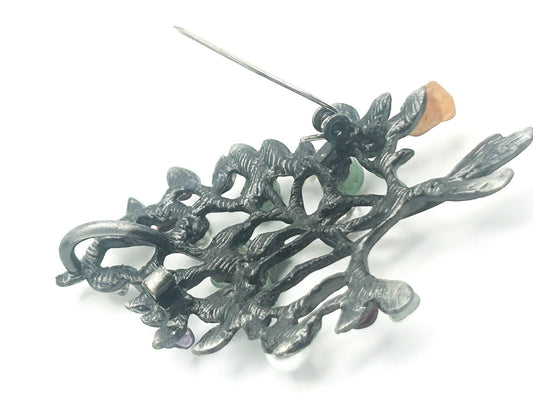 Pewter Leaf Tree Branch Gemstone Brooch - Aventurine, Faux pearl, Amethyst