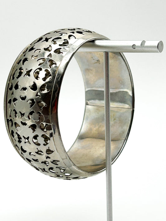 Chunky Silver Tone Openwork Bangle Bracelet Cuff