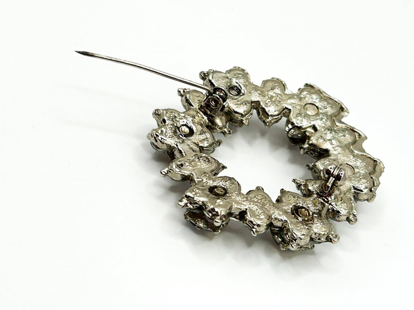 Vintage Aurora Borealis Rhinestone Wreath Brooch AB Crystal Silver Tone 1960s
