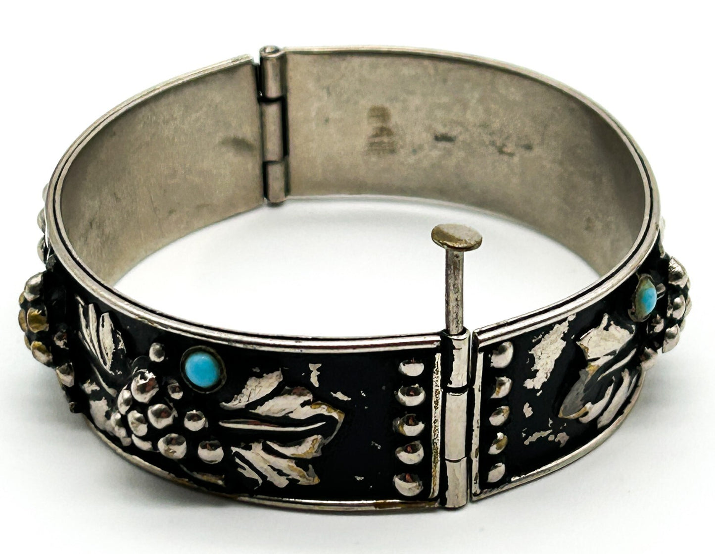 Vintage Silver Plated Grapevine Cuff Bracelet Black Japanned Bacchus Bangle