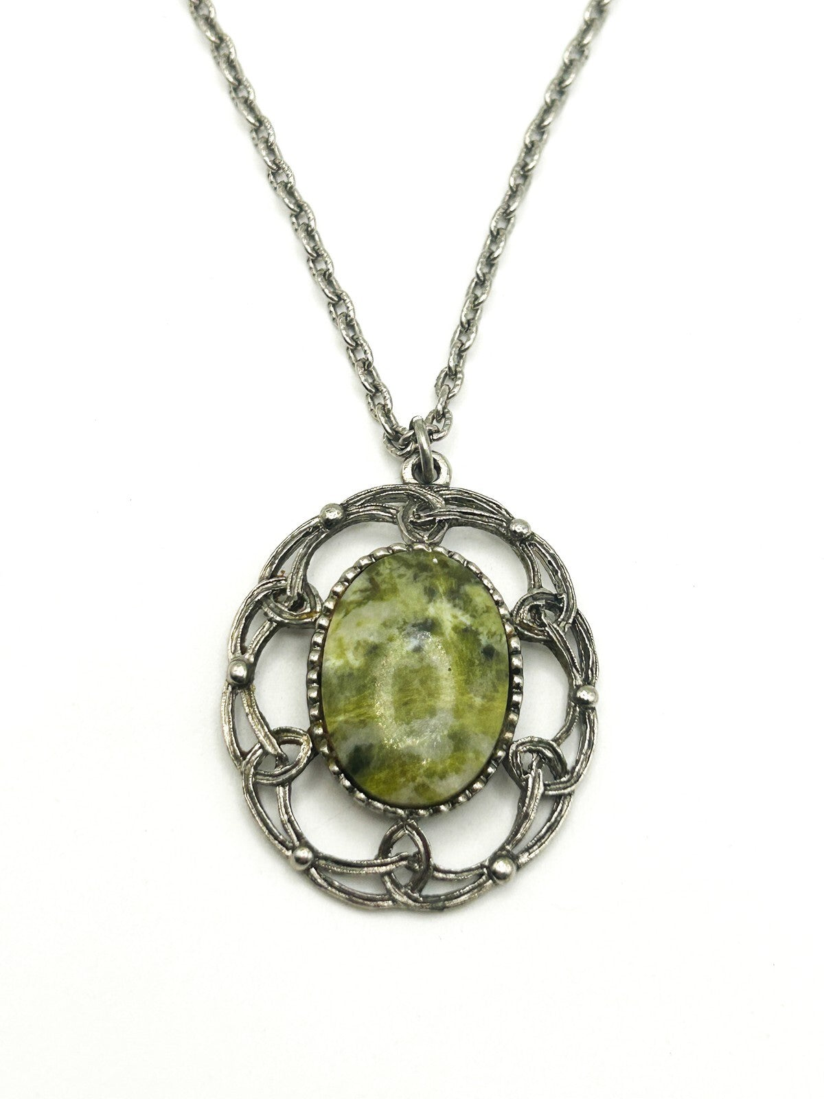 Vintage Silver Tone Openwork Pendant Necklace with Serpentine Cabochon