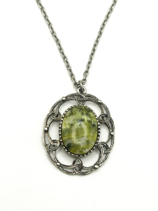 Vintage Silver Tone Openwork Pendant Necklace with Serpentine Cabochon