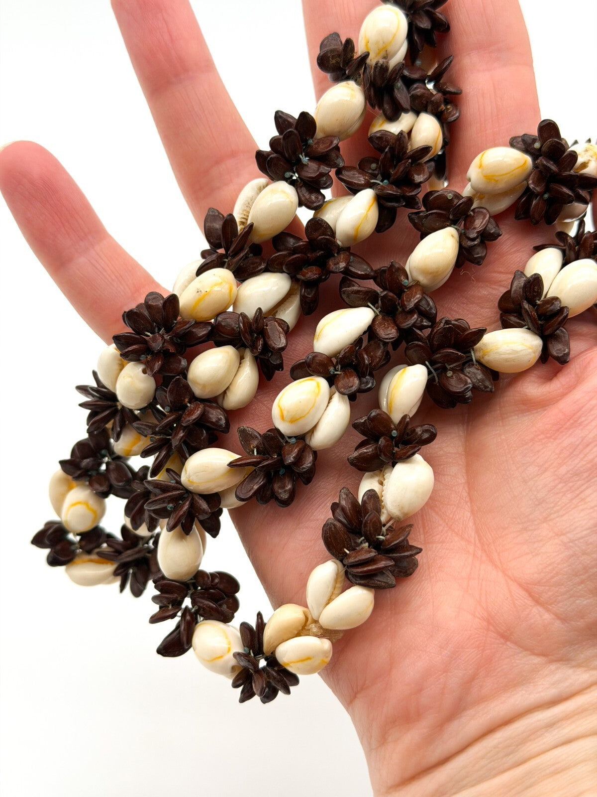 Cowrie Shell Koa Seed Cluster Necklace Boho Tribal Tropical Statement Natural