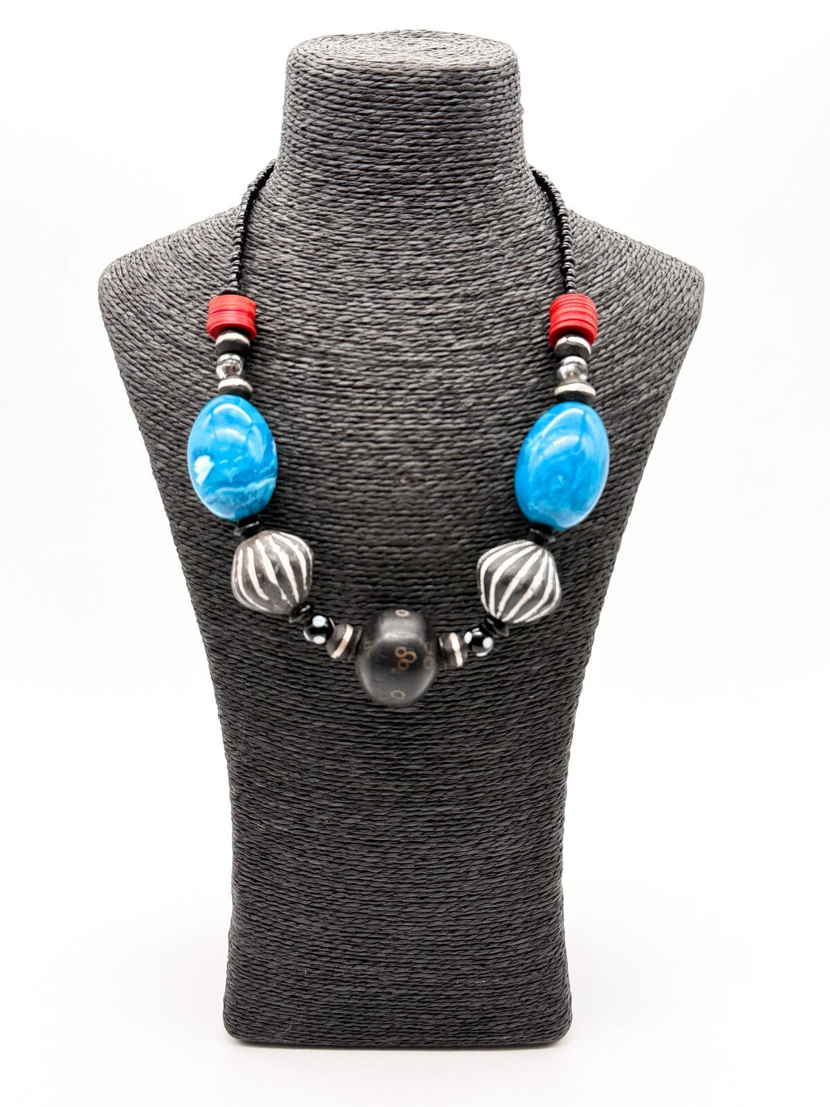 Chunky Blue Black Statement Necklace Carved Clay Beads Ethnic Style Wood 22”