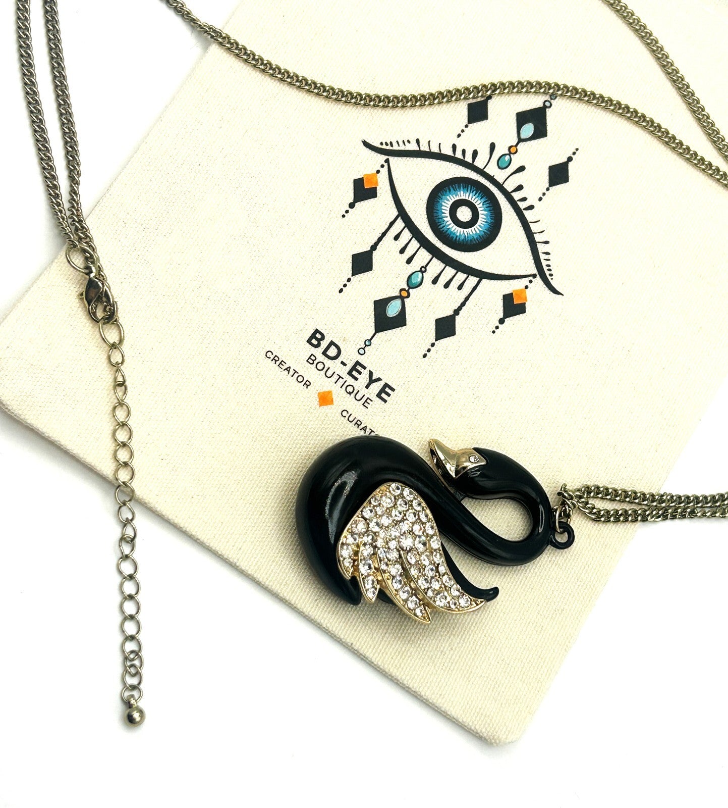 Black, Gold & Rhinestone Swan Pendant Necklace on Gold Tone Chain