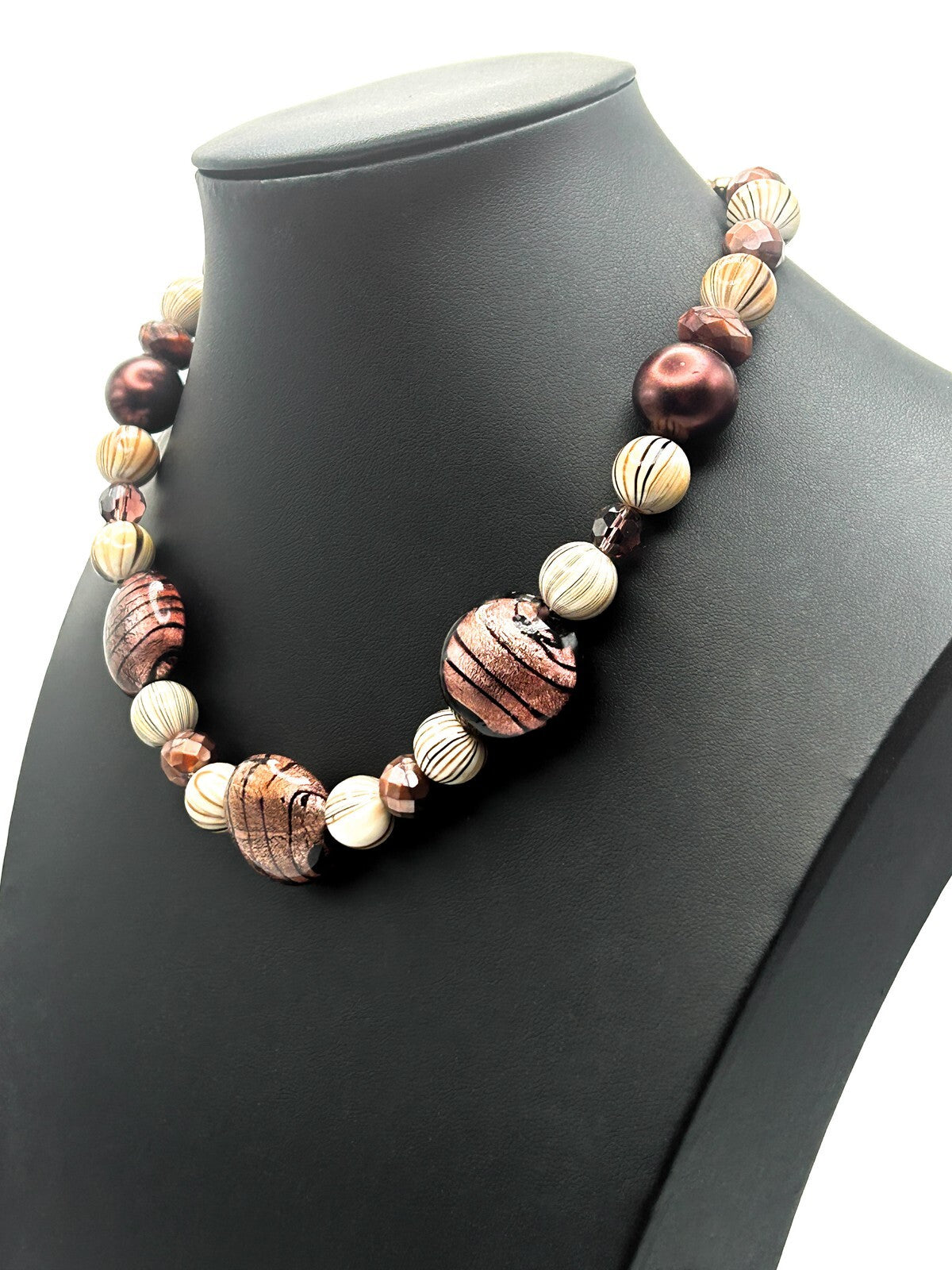 Purple Mauve Foil Art Glass & Agate-Effect Disc Bead Necklace – 16.5”