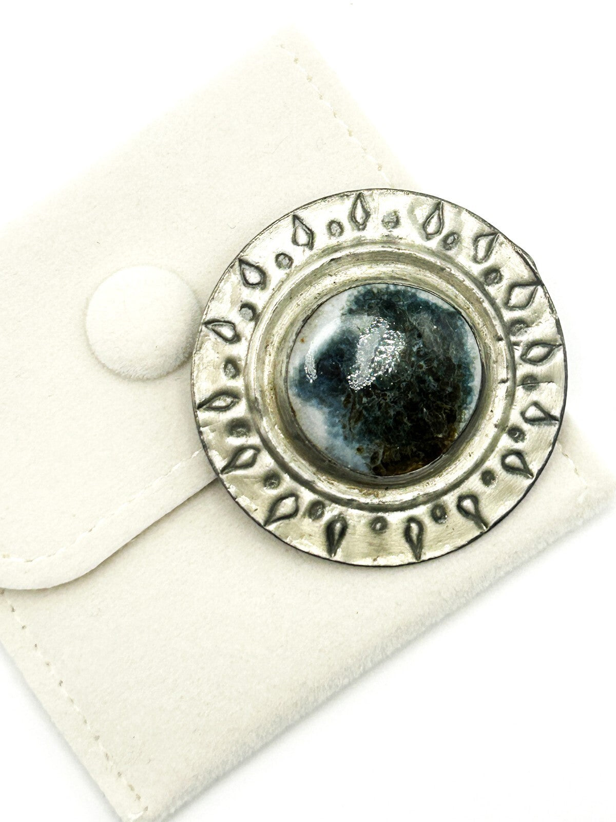 Carol Black Brooch Ceramic Centre Silver Tone Round Artisan Pin