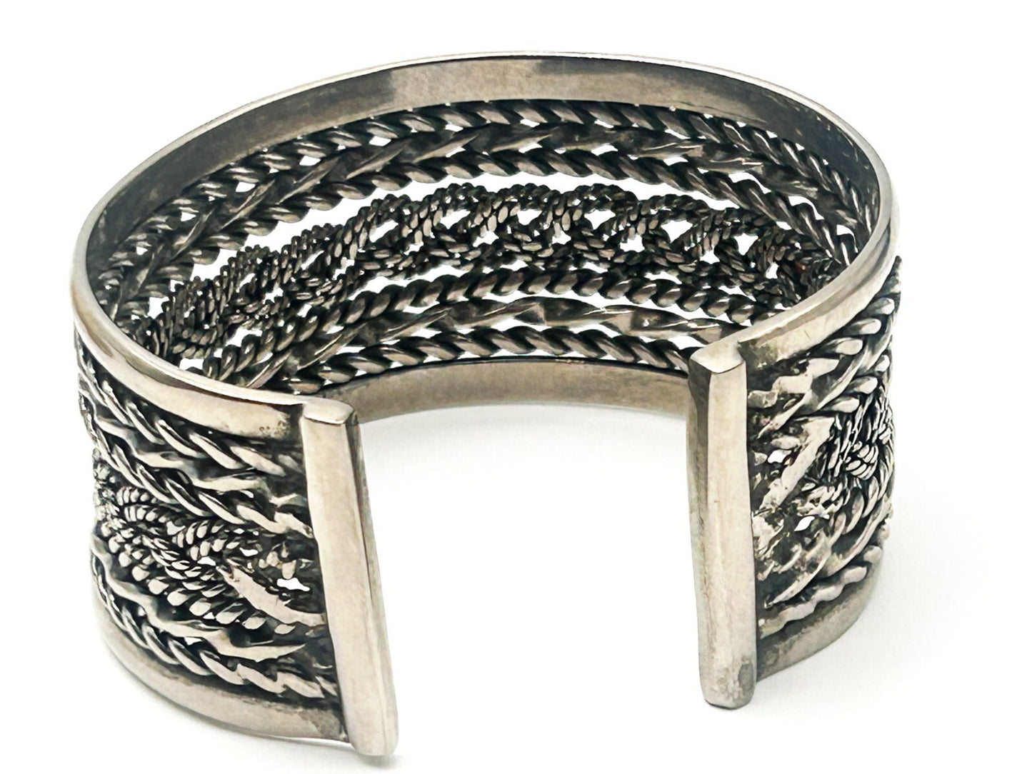 Silver Tone Woven Braid Rope Effect Cuff Bracelet Chunky Wide Adjustable Bangle