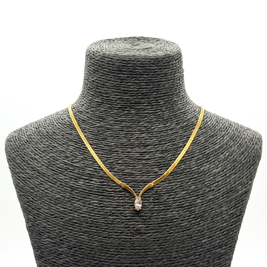 Vintage Signed Avon Gold Tone Herringbone V Necklace Marquise Rhinestone 16”