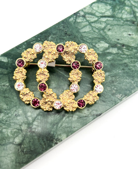 Vintage WEST Rhinestone Brooch Gold Tone Double Circle Purple Clear Pin