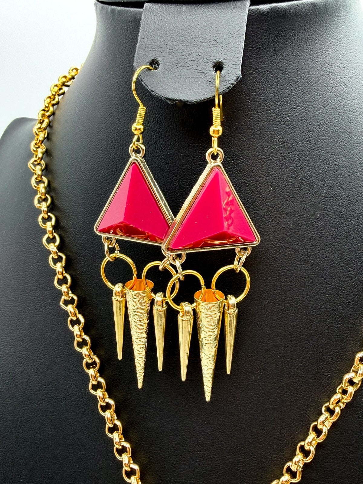Hot Pink Geometric Pyramid & Spikes Necklace  Earrings Set - Original Re-design