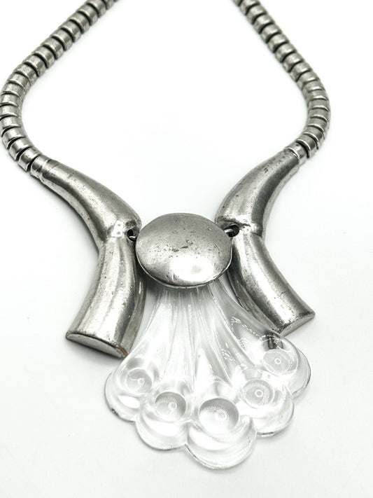 Silver Tone Sculptural Necklace with Glass Pendant - Bold Statement