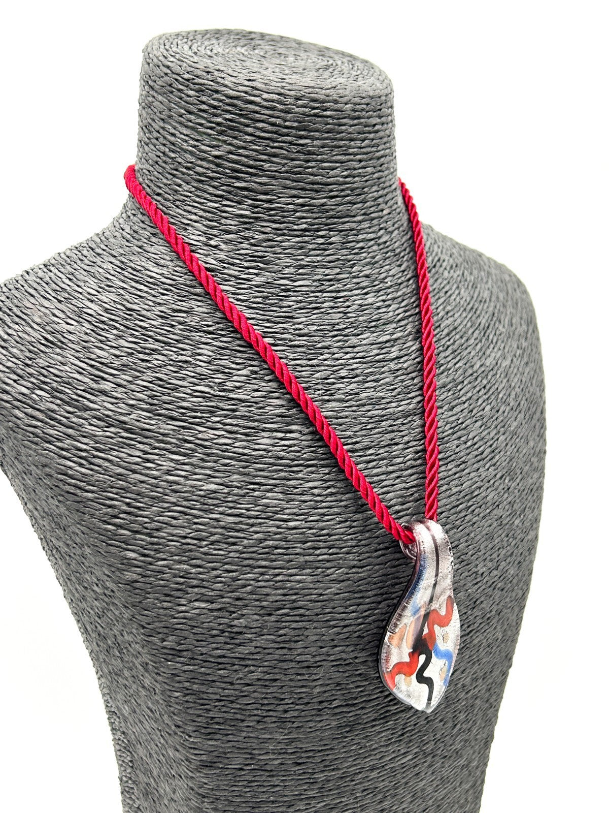Murano Style Art Glass Pendant Necklace Red Blue Silver Abstract Foil Red Cord