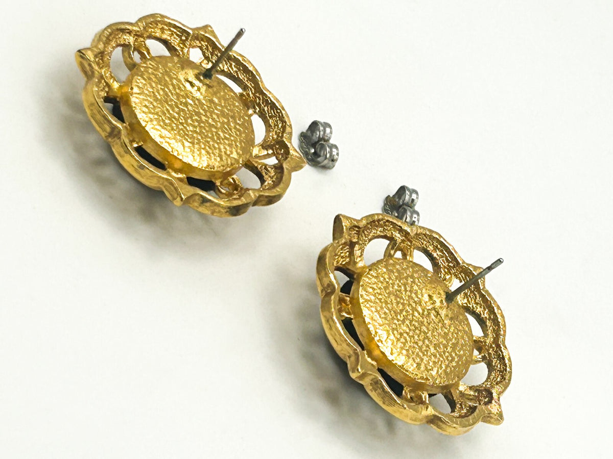 Black Velvet & Gold Tone Floral Stud Earrings – 3cm