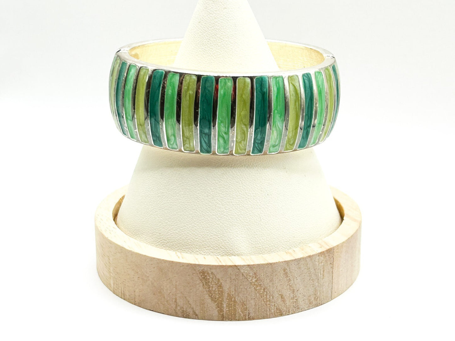 Green Striped Enamel Domed Clamper Bangle Silver Tone Statement Bracelet
