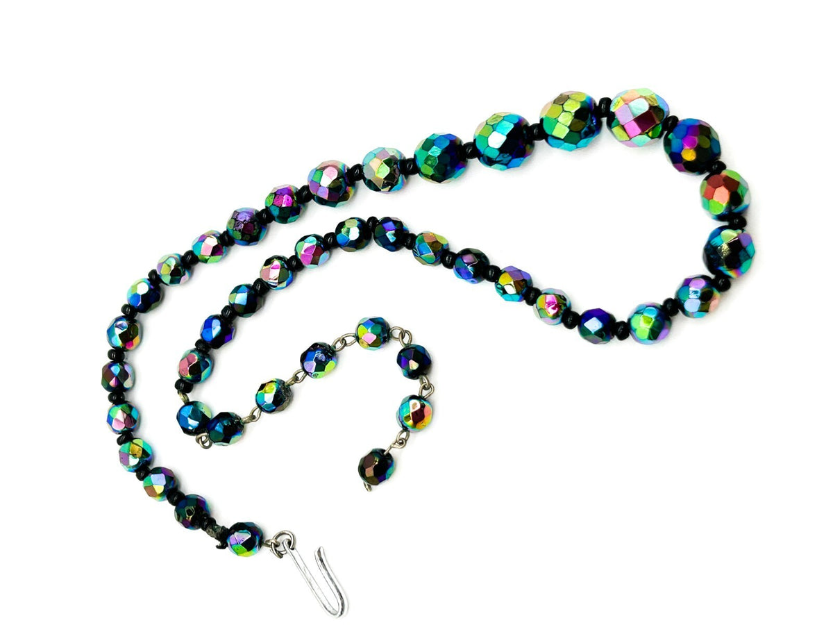 Vintage Aurora Borealis Peacock Glass Choker Necklace Rainbow Faceted Retro AB
