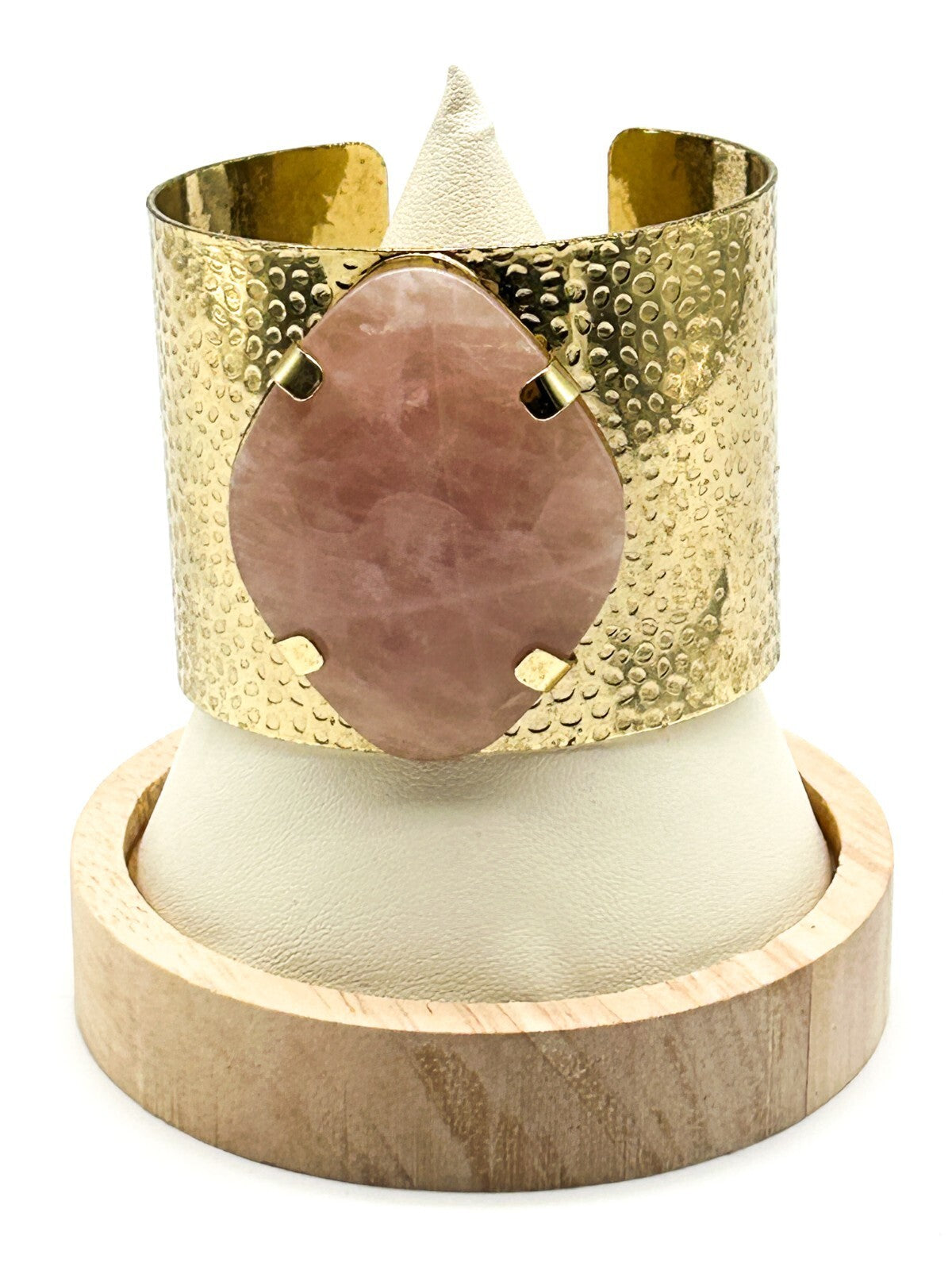 Pink Jade Gold Tone Textured Cuff Bracelet Faceted Stone Boho Statement Retro