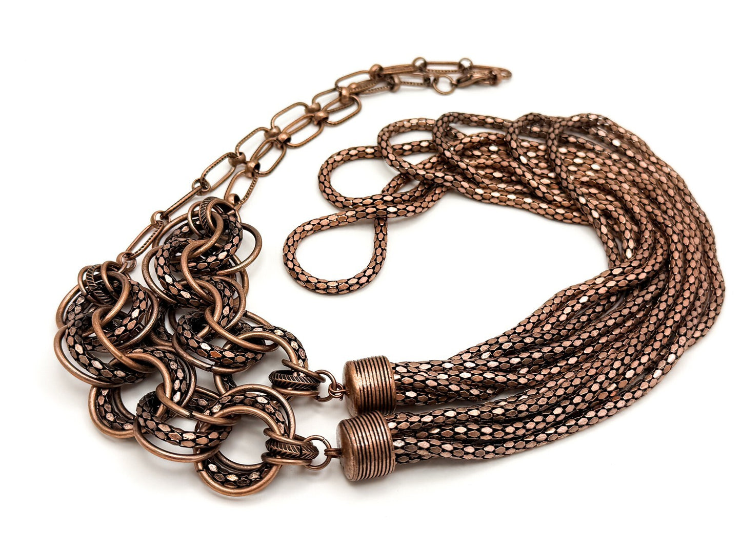 Bronze Tone Multi-Chain Statement Necklace – Paperclip & Mesh Layers, 37”