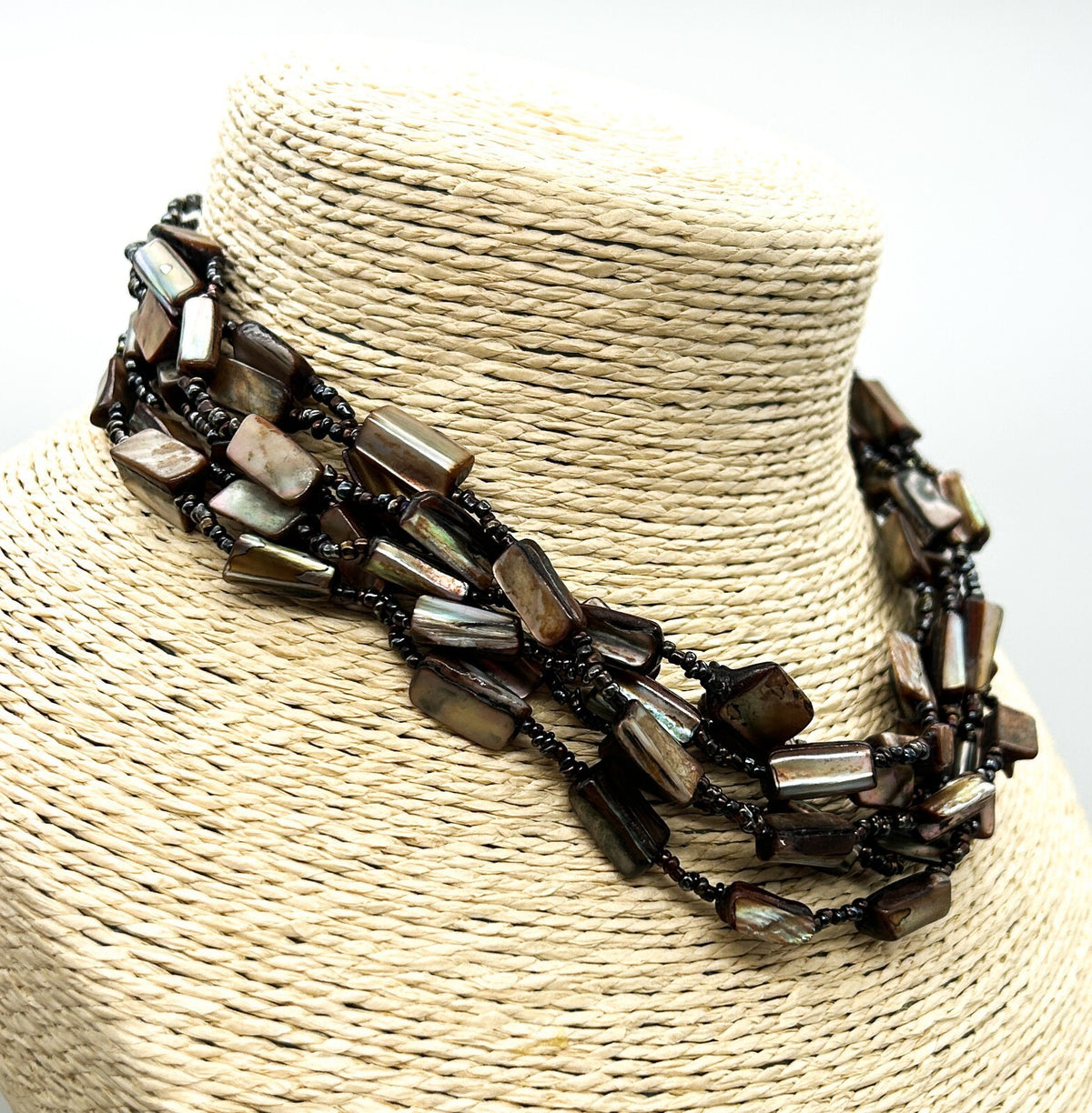 M&S Layered Shell Nugget Necklace Gunmetal Seed Bead Statement Boho Beach