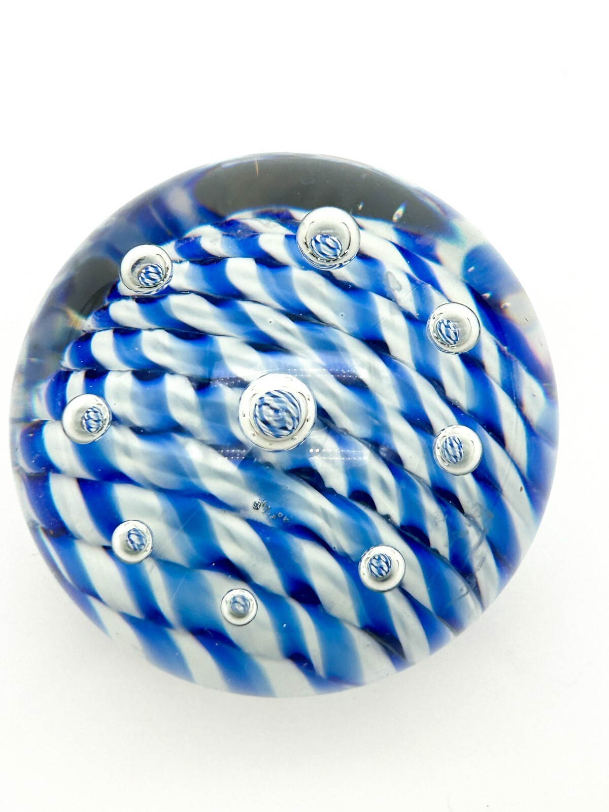 Vintage Blue White Stripes Bubbles Art Glass Paperweight Dome Controlled Bubbles