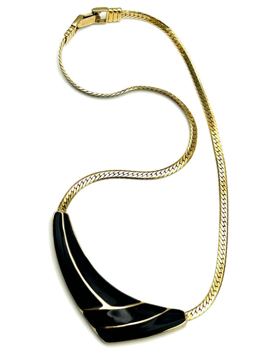 Vintage 80s Gold Tone Herringbone Necklace Black Enamel Curve Statement 17”